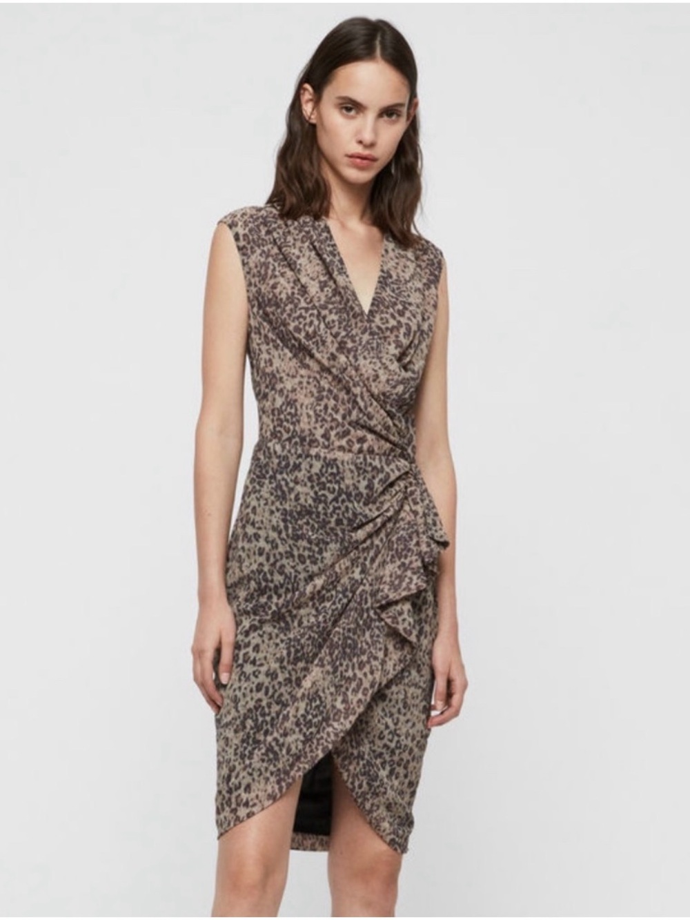 AllSaints Cancity Animal Print Sleeveless Wrap Midi Dress